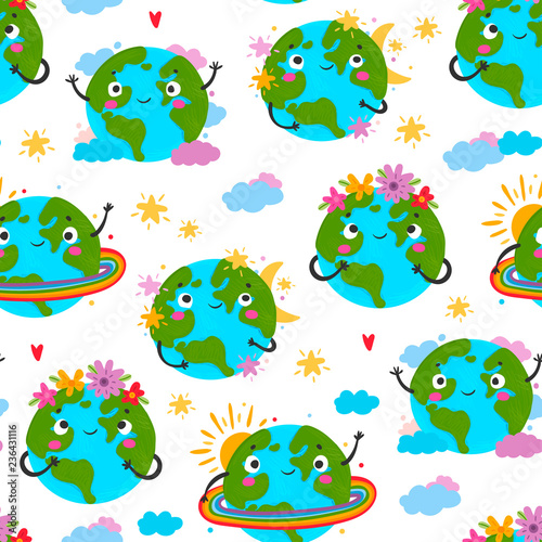 World Earth day. Hand drawn cute planet Earth in various conditions. Colored vector seamless pattern