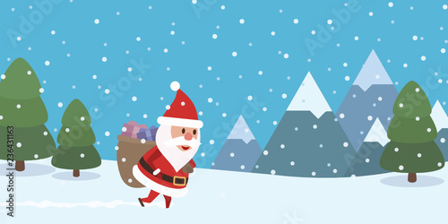 Père noël à pied en livraison dans un paysage enneigé (flat design)