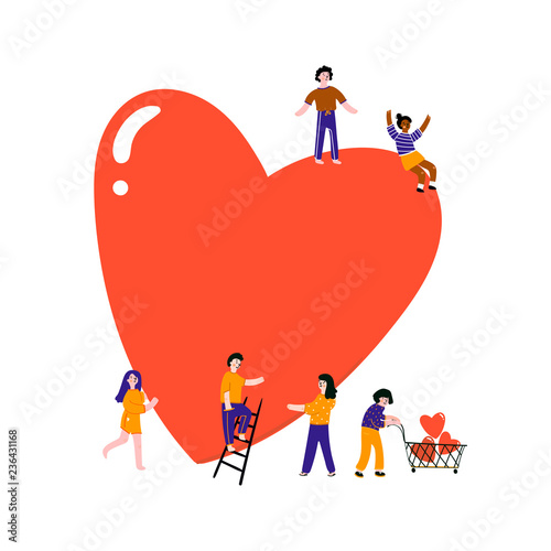 Happy Valentine's Day. Tiny people doing various stuff with giant red heart. Hand drawn vector illustration