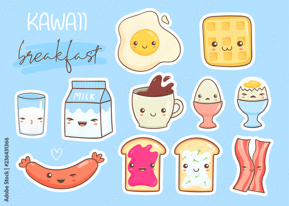 Kawaii breakfast. Various tasty food with faces. Hand drawn vector sticker  set. Colored version. Blue background. All elements are isolated vector de  Stock | Adobe Stock