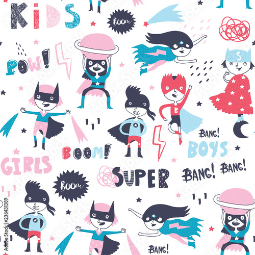 Super hero kids. Boys and girls. Big hand drawn colored vector set. All elements are isolated