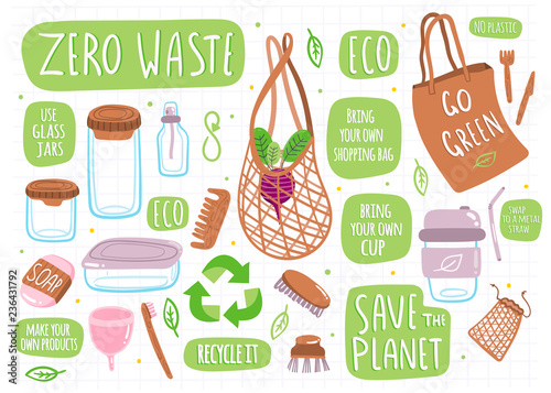 Go green! Zero waste. Various eco objects. Hand drawn big colored vector set. All elements are isolated