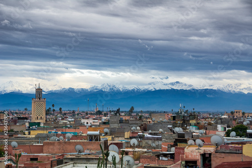 Marrakesh city skyline with backdrop of Atlas mountains