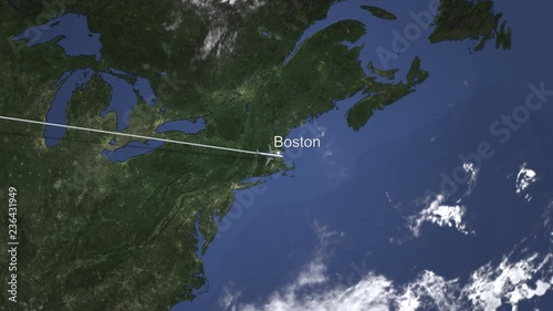 Commercial airplane flying to Boston, United States from west. Intro 3D animation photo