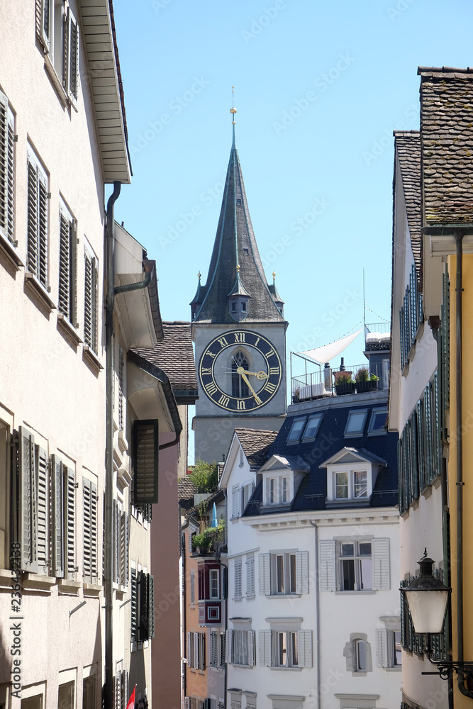 Clock tower of the St. Peter evangelical church in Zurich, Switzerland