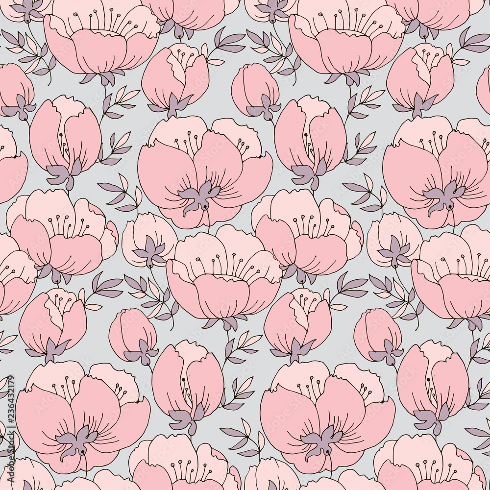 Pink flowers seamless hand drawn pattern Pink flowers seamless hand drawn pattern