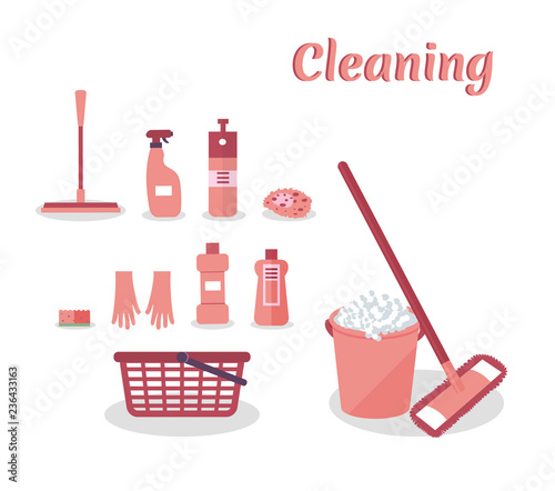 Tools for housekeeping: a pink bucket with soapy foam, MOP with handle and cloth, bottles of detergent with covers, sprays and a sponge, a squeegee, a basket. Vector illustration. Cleaning