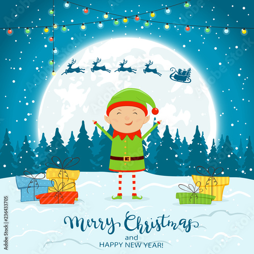 Elf on Winter Background with Gifts and Santa Claus