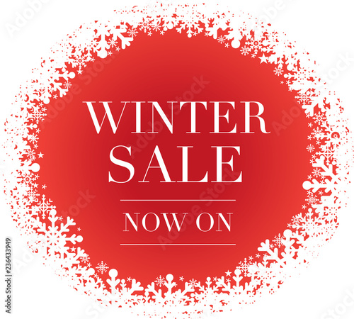 Winter Sale banner with red background, framed with delicate snowflakes
