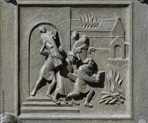 Ittingen Monastery in Frauenfeld is stormed and set on fire in July 1524., relief on the door of the Grossmunster (