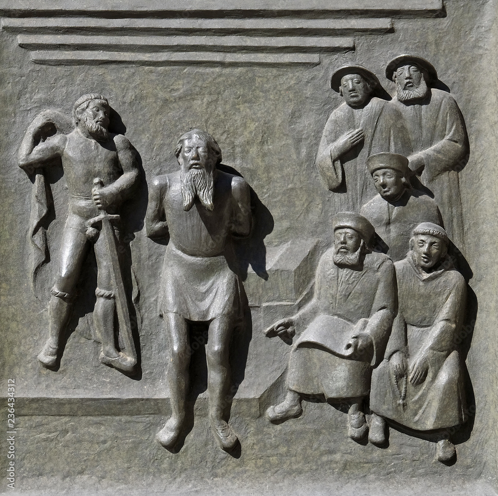 The Bailiff of Stammheim, Hans Wirth, is beheaded in Baden because of his Protestant faith, relief on the door of the Grossmunster ( The Bailiff of Stammheim, Hans Wirth, is beheaded in Baden because of his Protestant faith, relief on the door of the Grossmunster (