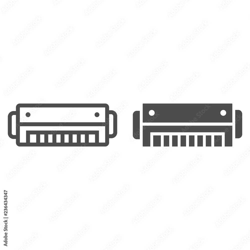 Harmonica line and glyph icon, music and blues, instrument sign, vector graphics, a linear pattern on a white background. Harmonica line and glyph icon, music and blues, instrument sign, vector graphics, a linear pattern on a white background.