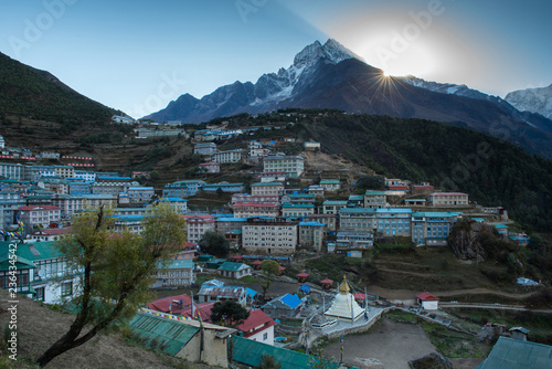 View of Namche bazar and mount thamserku - way to everest base camp, Khumbu valley, Sagarmatha national park, Solukhumbu, Nepal photo