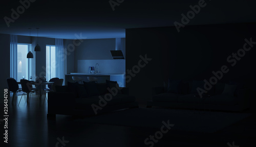 Modern house interior. Blue Kitchen. Night. Evening lighting. 3D rendering.