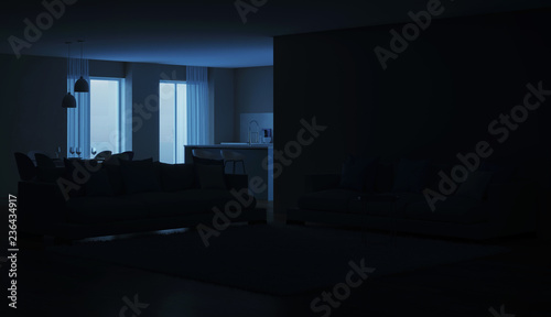 Modern house interior. Blue Kitchen. Night. Evening lighting. 3D rendering.