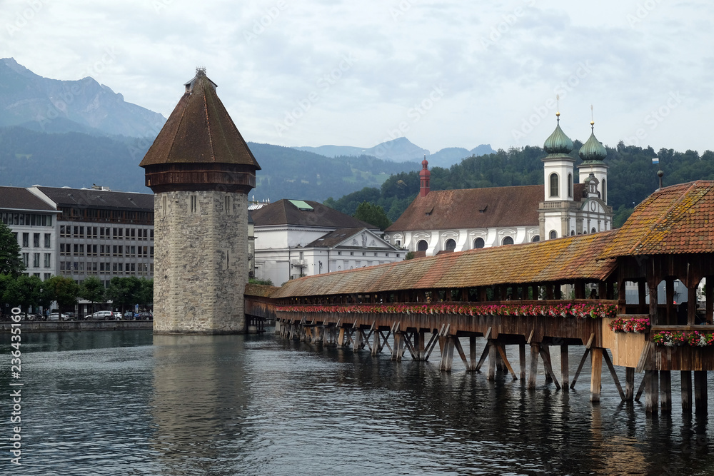 Historic city center of Lucerne with famous Chapel Bridge, the city's symbol and one of the Switzerland's main tourist attractions
