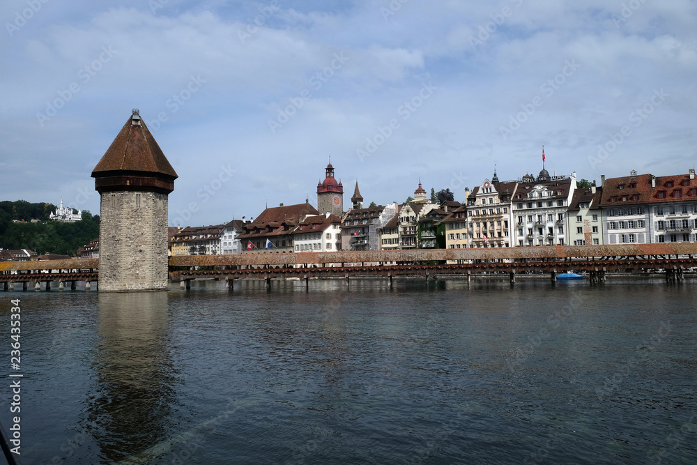 Historic city center of Lucerne with famous Chapel Bridge, the city's symbol and one of the Switzerland's main tourist attractions