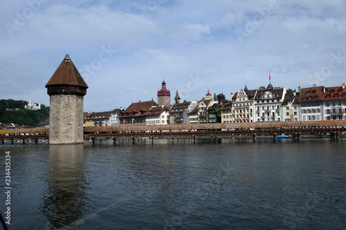 Historic city center of Lucerne with famous Chapel Bridge, the city's symbol and one of the Switzerland's main tourist attractions