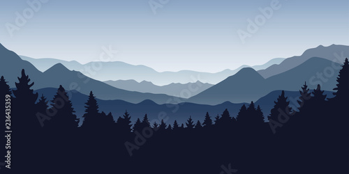 blue foggy mountain and forest nature landscape vector illustration EPS10 photo
