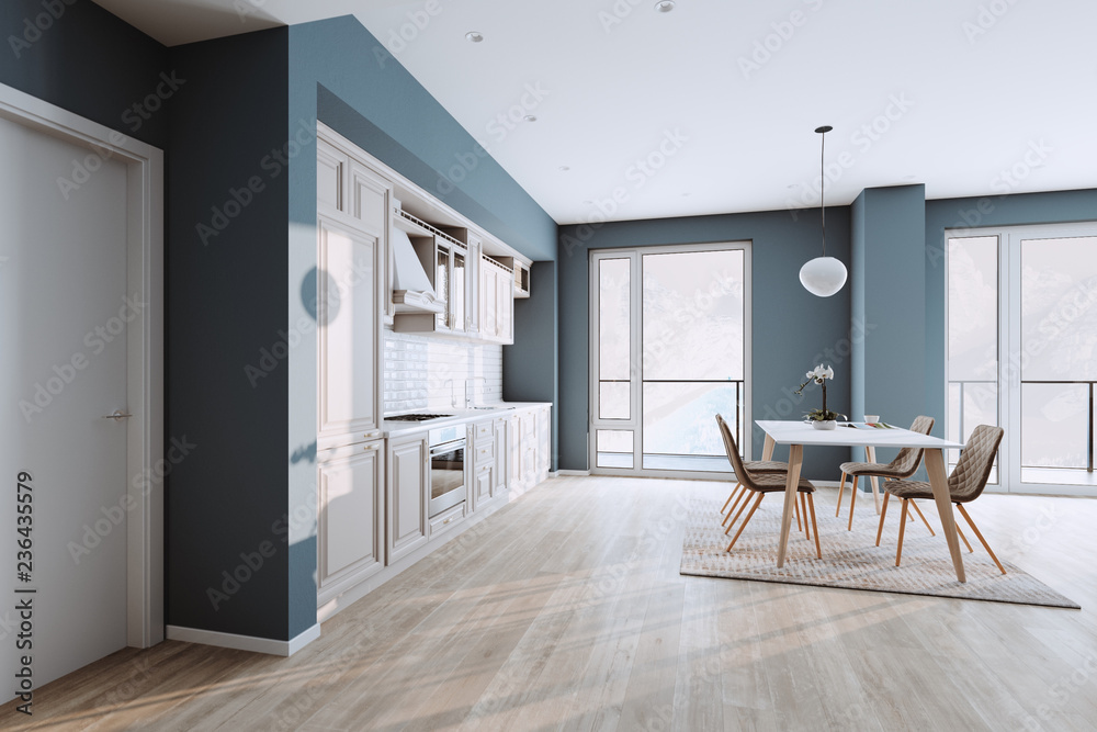 Fototapeta premium Beautiful Classic Kitchen in new Luxury Home with Hardwood Floors, and Stainless Steel Appliances 3d render