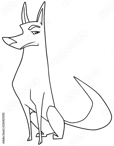 Line art illustration of an intelligent and suspicious dog sitting down while looking at camera with vigilance against white background for copy space.