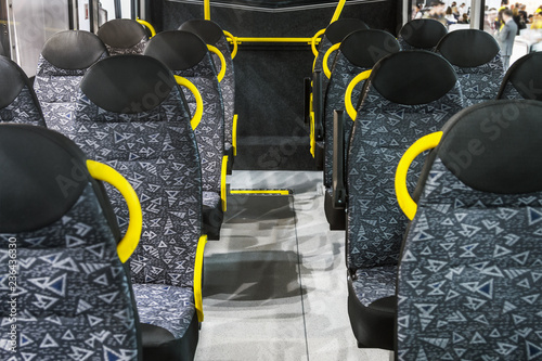 modern and comfortable City vehicle bus salon with empty passenger seats