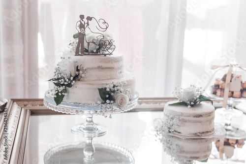 Wedding cake of the bride and groom, wedding day