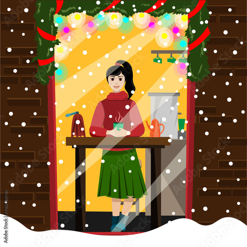 The girl has a hot mug of coffee in the window of an outdoor cafe. Illustration in flat style.