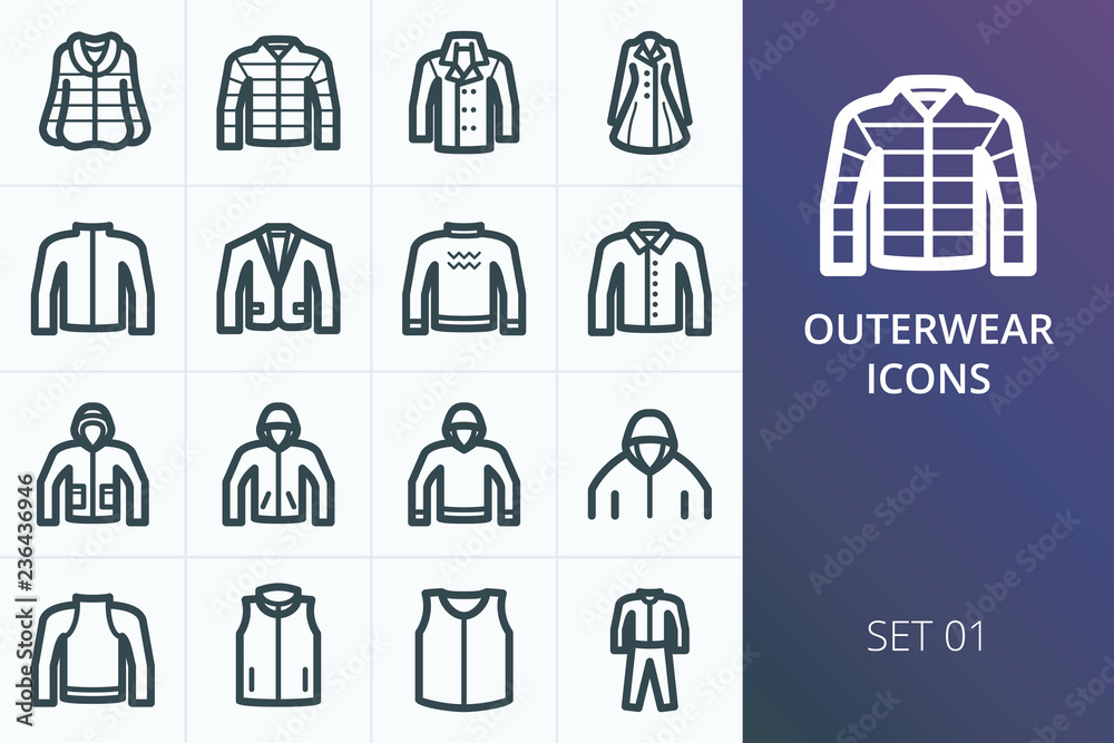 Outwear icons set. Set of down jacket, fur coat, winter coats, sweater, hoodie, jackets, sweatshirt icons Outwear icons set. Set of down jacket, fur coat, winter coats, sweater, hoodie, jackets, sweatshirt icons