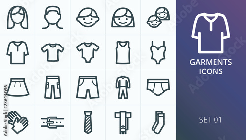 Garments icons set. Set of clothes, tinic, shirt, underwear, pants, gloves, tie, socks, scarf, belt isolated vector icons