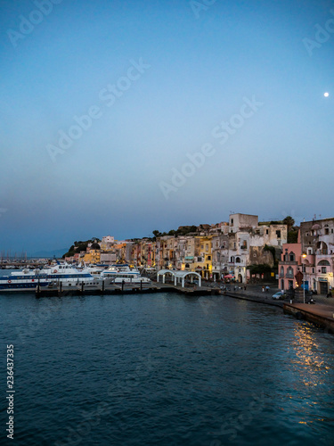 Procida Island with colorful houses in the morning and Marina di Sancio Cattolico,