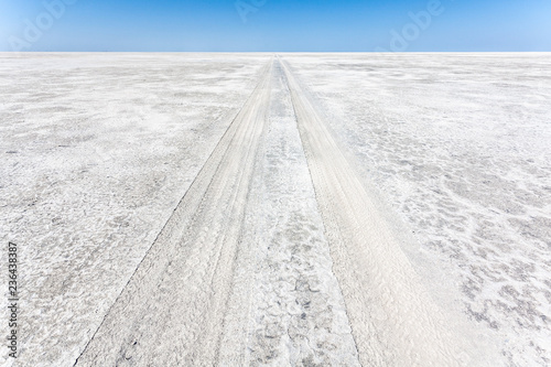 langer und weiter weg durch die ausgetrocknete makgadikgadi salzpfanne in botswana photo