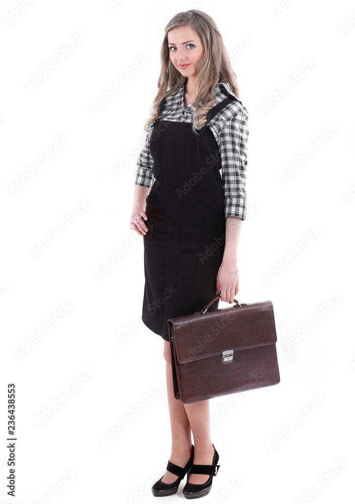 young business woman with business leather briefcase. young business woman with business leather briefcase.
