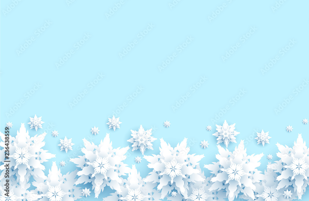 Winter holiday realistic paper cut snowflakes. Snow christmas decoration for design banner, ticket, invitation, greetings, leaflet and so on. Winter holiday realistic paper cut snowflakes. Snow christmas decoration for design banner, ticket, invitation, greetings, leaflet and so on.