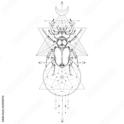 Vector illustration with hand drawn stag beetle and Sacred geometric symbol on white background. Abstract mystic sign. Black linear shape. For you design.