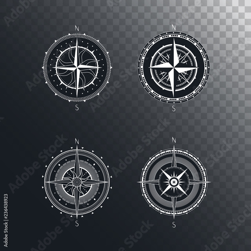Vector set of vintage compasses or marine wind roses. Collection in line art style.