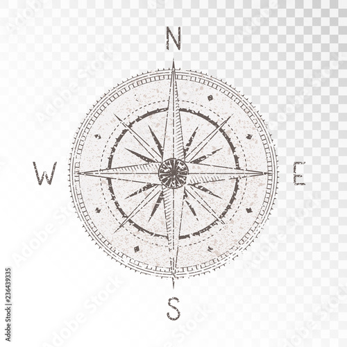 Vector illustration with a vintage textured compass or wind rose and grunge texture elements on transparent background. With basic directions North, East, South and West.