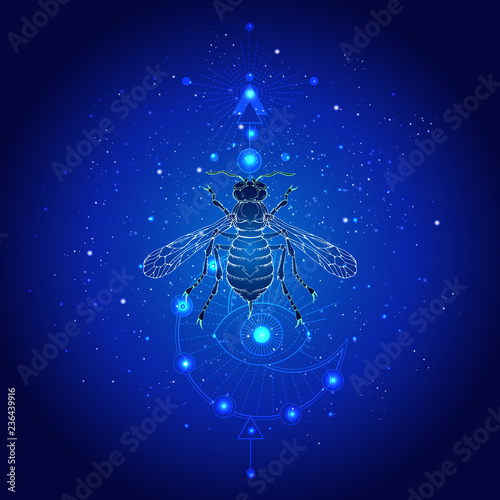 Vector illustration with hand drawn wasp and Sacred geometric symbol against the starry sky. Abstract mystic sign. 