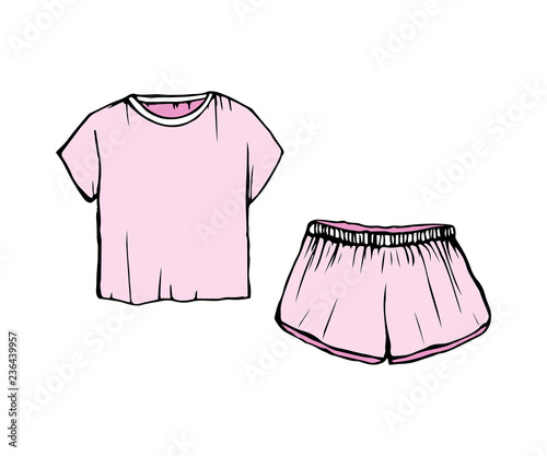 drawing Pajamas.pink shorts and t-shirt. Vector sleepwear isolated illustration. Women s fashion Sleepwear