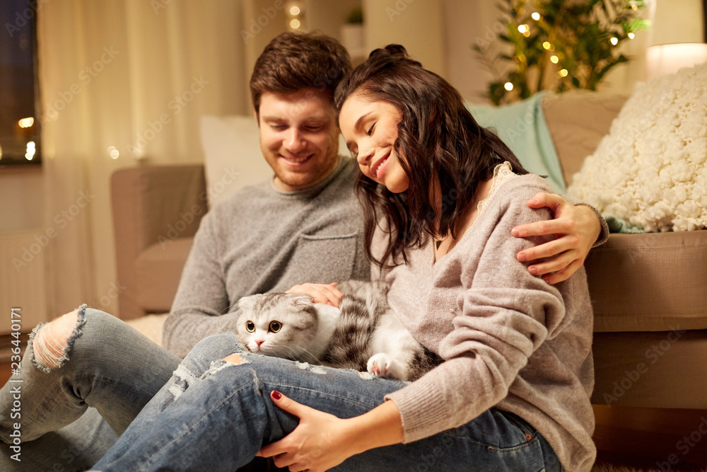 pets, hygge and people concept - happy couple with cat at home pets, hygge and people concept - happy couple with cat at home