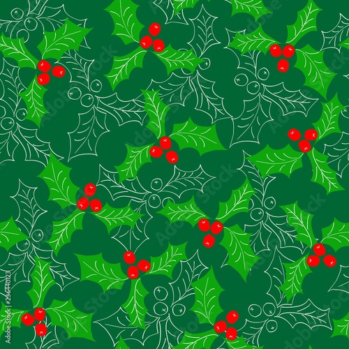 Christmas holly - hand drawn seamless pattern. Green and red colour combination with white lineart. 