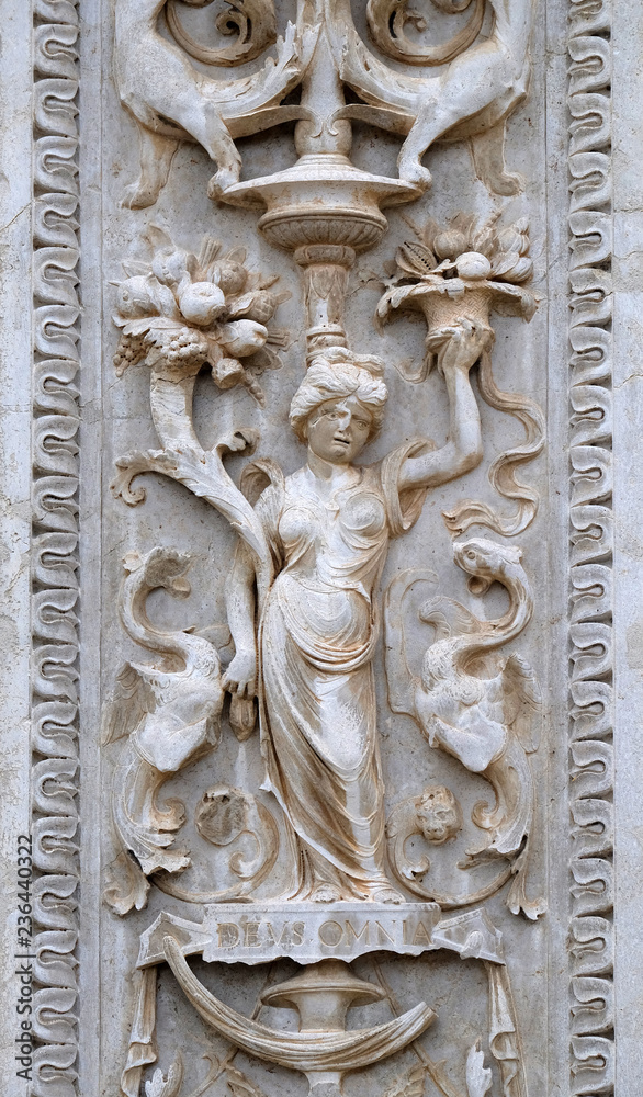 Relief on the portal of the Cathedral of Saint Lawrence in Lugano, Switzerland