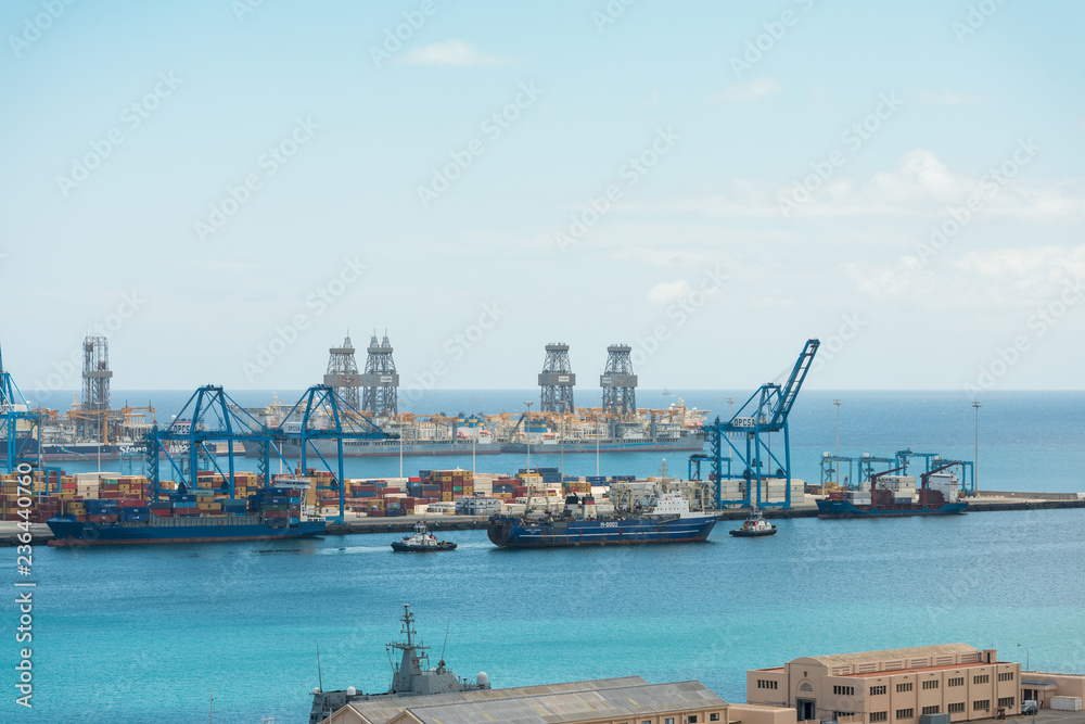 aerial view onvessel being towed out of Port of Las Palmas in Gran Canaria