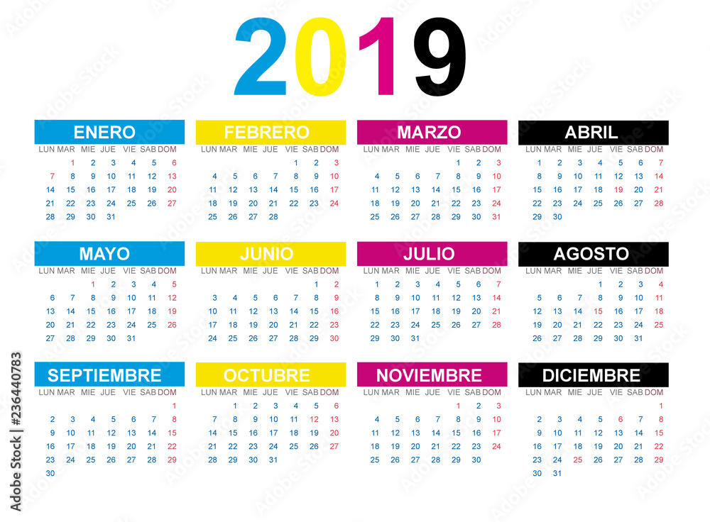 Calendario 2019 en español con fiestas de España en CMYK Stock Vector |  Adobe Stock