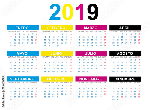 Calendario 2019 en español con fiestas de España en CMYK