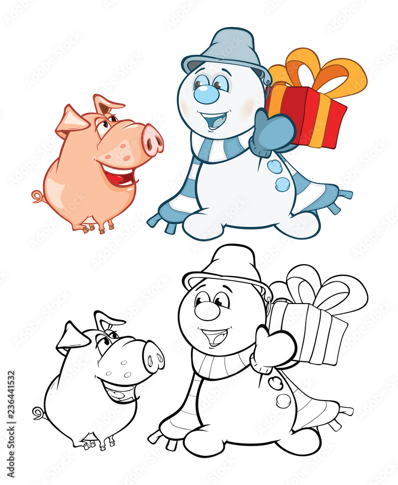 Vector Illustration of a Cute Pig and a Snowman. Coloring Book Cartoon Character Безымянный-4