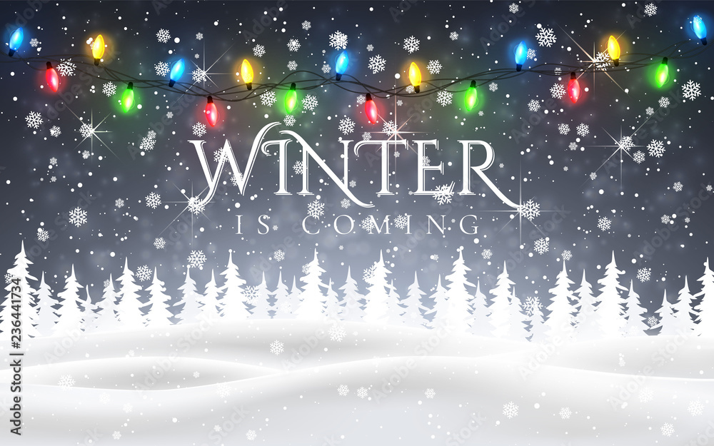 Winter is coming. Christmas, snowy night woodland landscape with falling snow, firs, light garland, snowflakes for winter and new year holidays. Xmas winter background