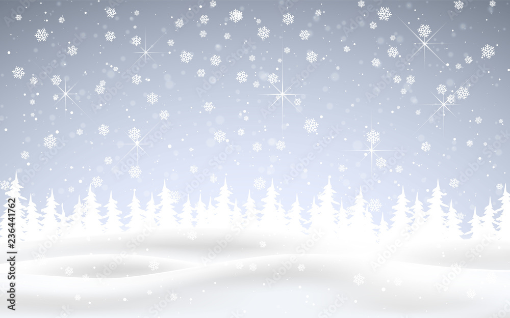 Winter is coming. Christmas, snowy night woodland landscape with falling snow, firs, snowflakes for winter and new year holidays. Xmas winter background
