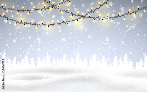 Winter is coming. Christmas, snowy night woodland landscape with falling snow, firs, light garland, snowflakes for winter and new year holidays. Xmas winter background