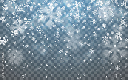 Christmas snow. Falling snowflakes on dark background. Snowfall. Vector illustration